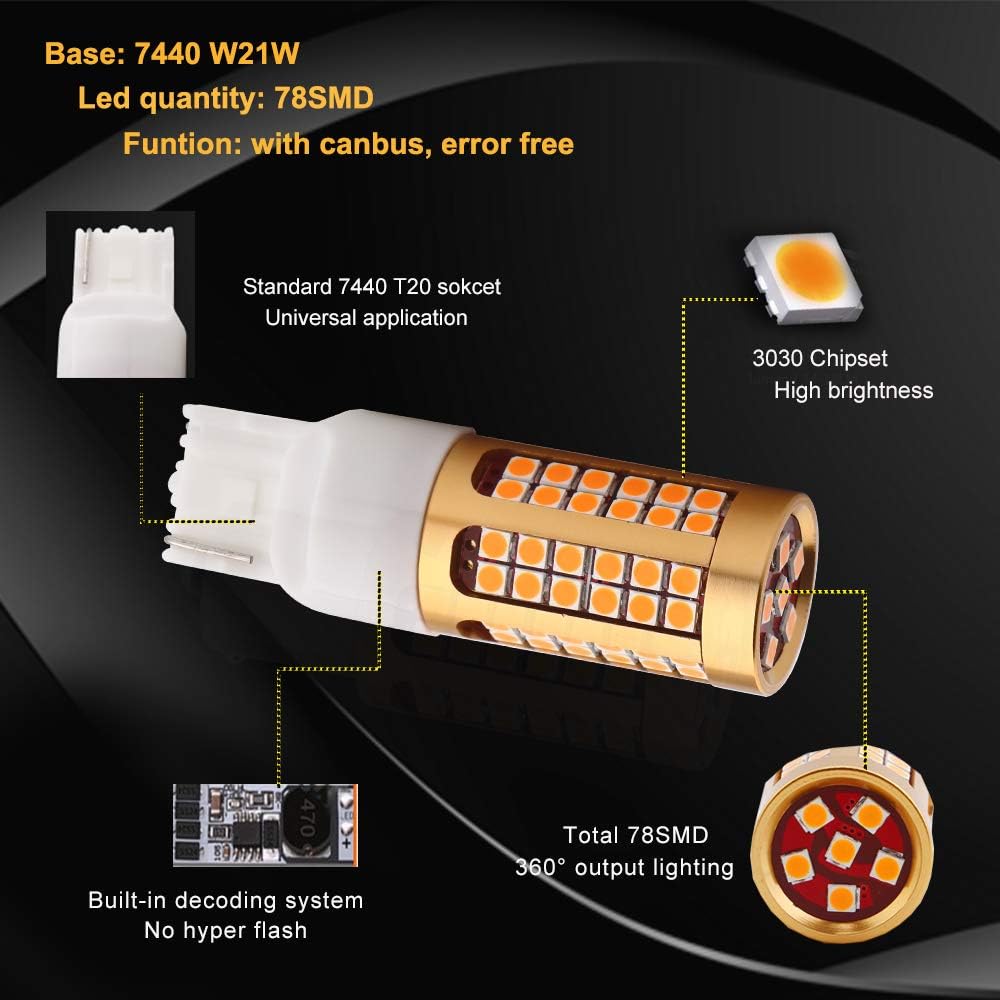 EVERBRIGHT 7440 LED bulb Hyper Flash No Front/Rear blinker bulb T20 7440A 992 W21W LED bulb canvas error Free 3030 Chipset 78SMD 2200 Lumen yellow/Amber (2 packs)