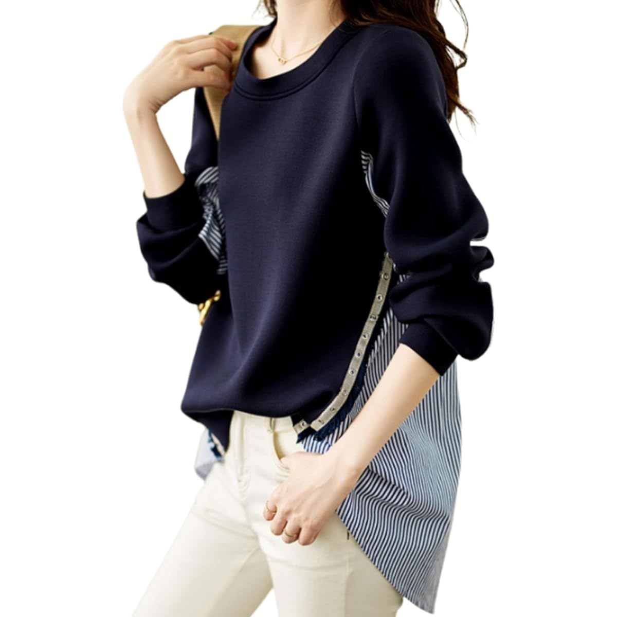 [MARIA MARFA] Different Materials Switch Sweatshirt Pullover Blouse Striped Spring Summer Women's 4S-M01