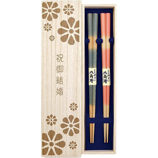 Couple chopsticks, octagonal blur, blue, pink, paulownia box and wrapping included, wedding gift, wedding gift, bride and groom, present gift [151]