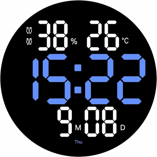 §BOMU-TECH∞BOMU Wall Clock, Wall Clock, Quiet, Luminous, LED Digital Electronic Wall Clock, Alarm Clock, No Sound, Wall-Mounted Thermometer, Hygrometer, LED Digital Wall Clock, Wall Decoration, Energy Saving, Automatic, Sensing Luminescence (Blue (Diamet