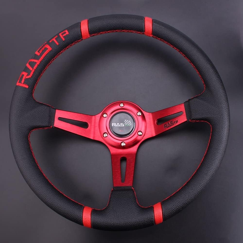 MUTEKI Steering Handle, Diameter 13.8 inches (350 mm), Lightweight Aluminum Leather, For Cars, Replacement, Deep Cone Steering, Classic Leather Embroidery, Horn Buttons, General Purpose (Red)
