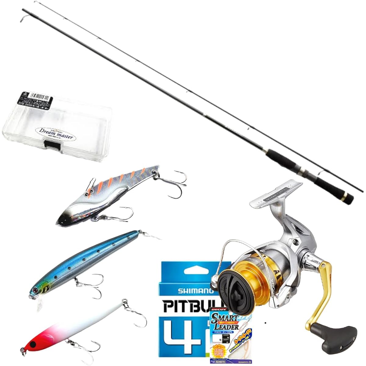 Lure fishing set from Shimano Lurematic S86ML+FX2500 PE line wound (seabass fishing, egging fishing, surf, shorefish, Pitbull No. 1 line wound, for fishing beginners)