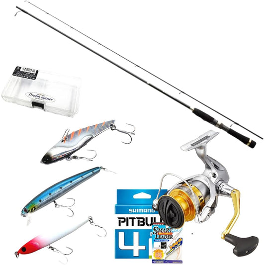 Lure fishing set from Shimano Lurematic S86ML+FX2500 PE line wound (seabass fishing, egging fishing, surf, shorefish, Pitbull No. 1 line wound, for fishing beginners)