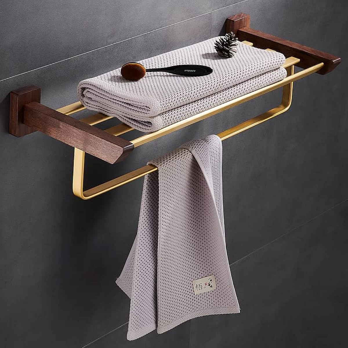 Usumairu Towel Rack, Washroom Towel Hanger, Wooden, Brass, Face Towel Rack, Iron, Wall, Bath Towel Rack, With Shelf, Toilet, Steel, Wood, Simple, Rust-resistant, Scandinavian Style, Bath Towel Holder, Accessory Storage, Wall, Stylish (B Type, Walnut)