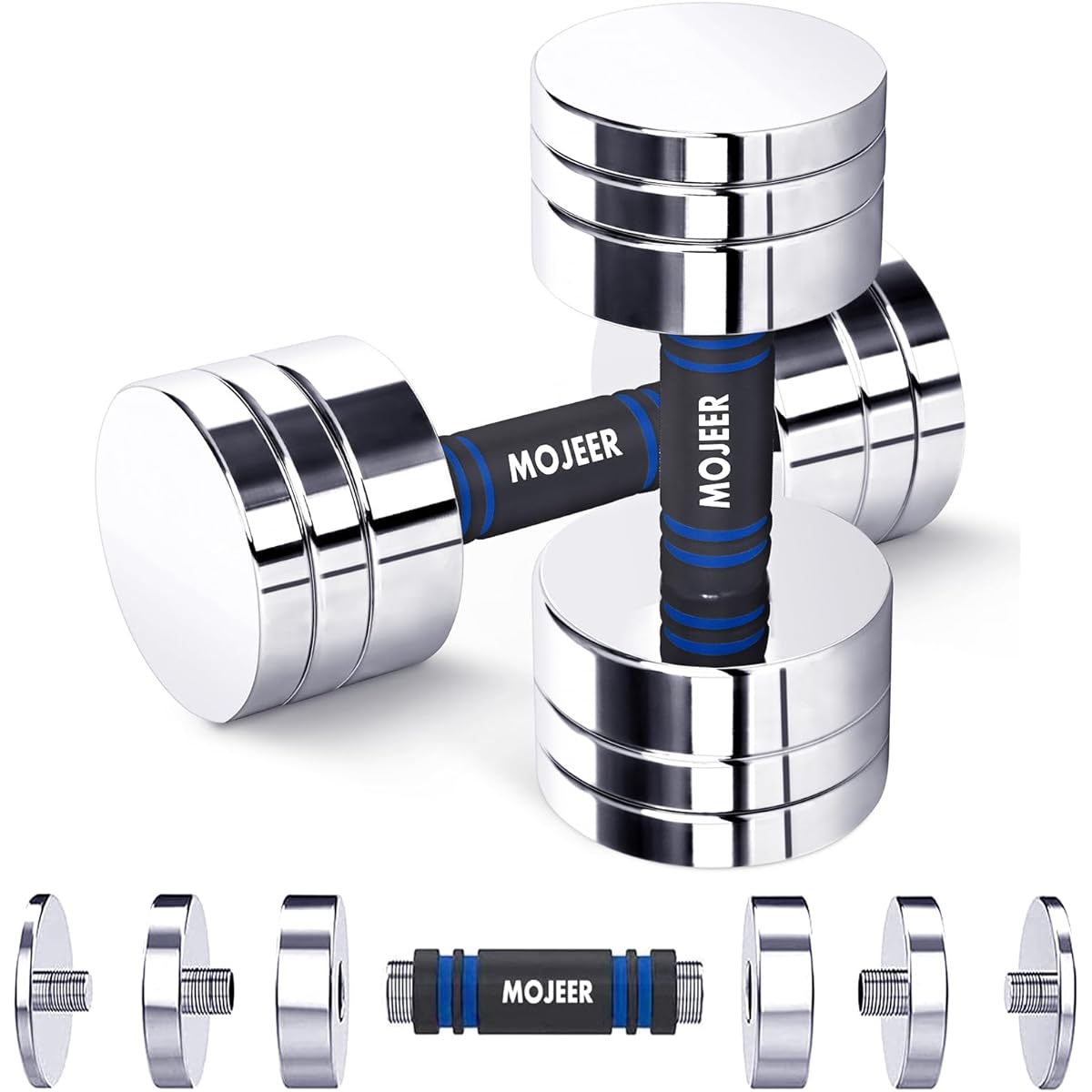 MOJEER Adjustable Dumbbell Set of 2 Chrome Dumbbells 5kg 10kg 20kg 30kg 40kg Delicate Mirror Surface Small Steel TJ