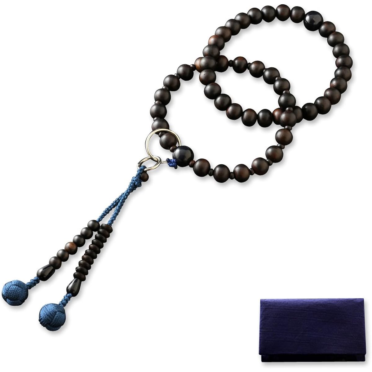 Kyoto Buddhist Altar Hayashi Prayer Beads Jodo Sect Ebony (Unground) with Blue Tiger Eye Stone (4 items) (For Men) Official Ceremony [Bead Bag Set] SM-012 Kyoto Prayer Beads