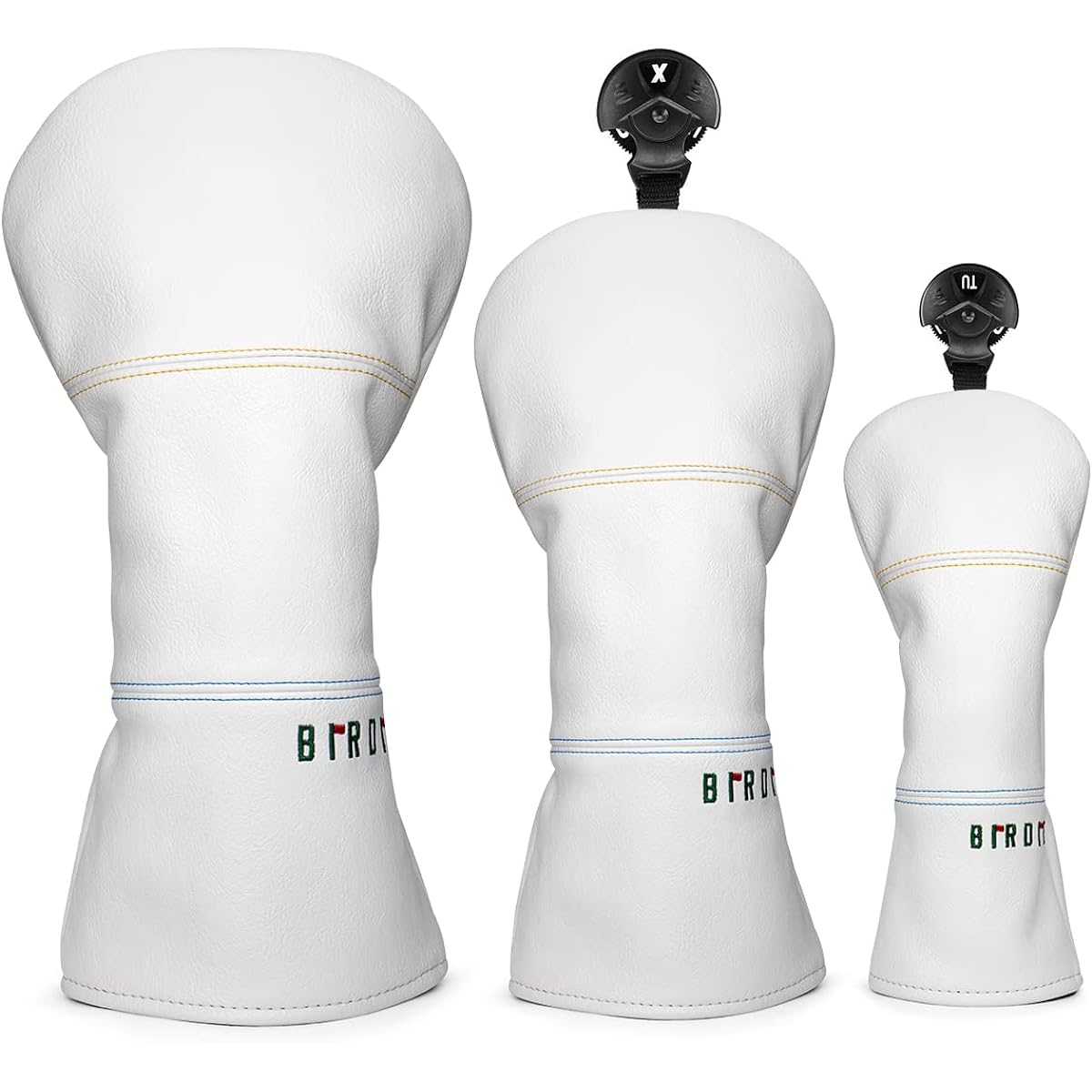 Golf Headcover Simple Design Birdie Embroidery Premium Leather Liver Cover for Fairway Wood, Utility, Hybrid Golf Club Set White Headcover