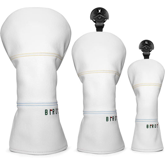 Golf Headcover Simple Design Birdie Embroidery Premium Leather Liver Cover for Fairway Wood, Utility, Hybrid Golf Club Set White Headcover