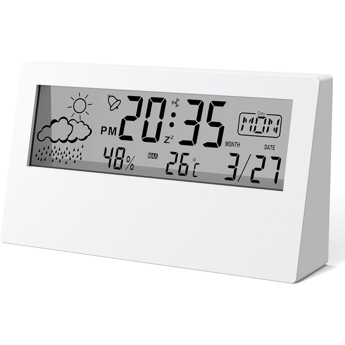 Leafutt Clock Table Clock Alarm Clock Digital Calendar Snooze Date Humidity Temperature Day of the Week Display Heat Stroke Japanese Instruction Manual White