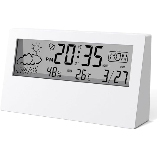 Leafutt Clock Table Clock Alarm Clock Digital Calendar Snooze Date Humidity Temperature Day of the Week Display Heat Stroke Japanese Instruction Manual White