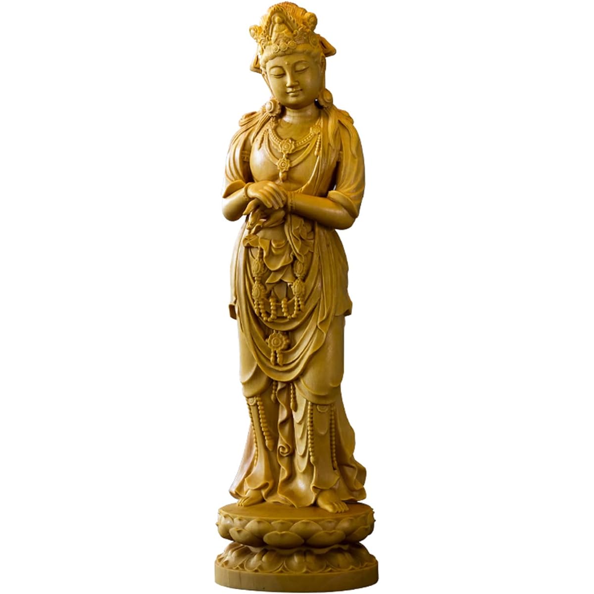 Wood Carving Buddha Statue Kannon Statue Kanzeon Bodhisattva Statue 20cm High Quality Natural Boxwood Wood Carving Art Figure Protective Principal Image Amulet