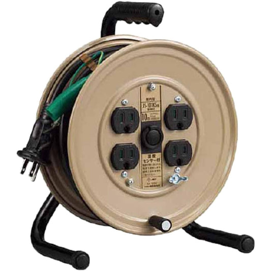 HATAYA Cord Reel, Small, For Indoor Use, 100V Type, Cord 10m, Thickness VCTF 2.0㎟, Standard Type, Grounded, Built-in Temperature Sensor, 4 Outlets, Outlet with Dustproof Shutter, Compact, For Home Use, For Factory Use, Light Work JS-101KS