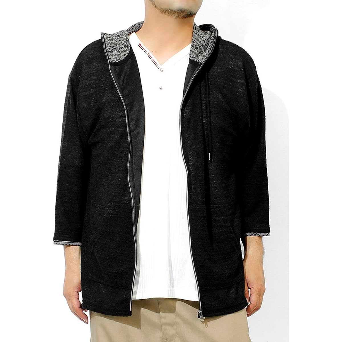 [One Colors] Men's Parka, Large Size, Zip Up, 3/4 Sleeves, Short Sleeves, Slab Summer Knit, Thin, Jacquard Pattern, Switchable Jacket