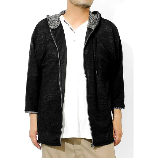 [One Colors] Men's Parka, Large Size, Zip Up, 3/4 Sleeves, Short Sleeves, Slab Summer Knit, Thin, Jacquard Pattern, Switchable Jacket