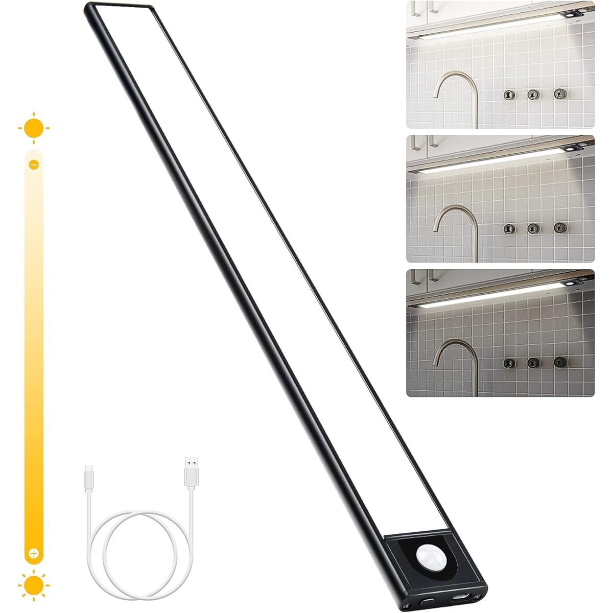 Motion Sensor Light, Indoor, USB Rechargeable, 40cm, 9mm, Ultra-thin, Surface Emitting, Daylight White, LED Bar Light, Built-in Magnet, For Direct Mounting and Wall Mounting, For Closet/Closet/Sink/Entrance/Hallway/Footway/Desk/Kitchen Light X-2… …