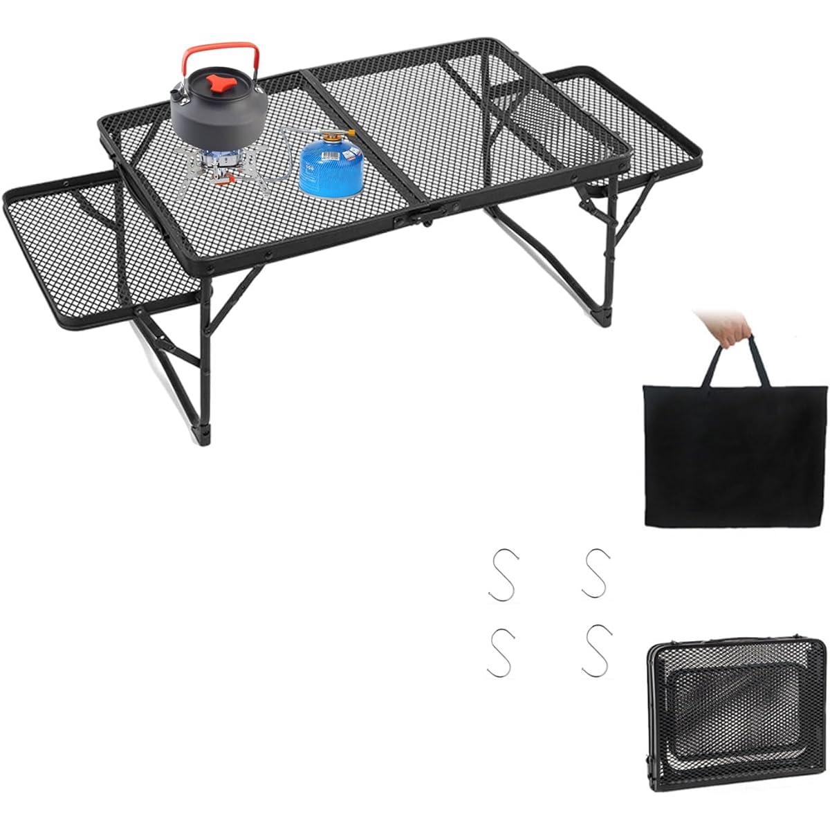 AIEPWON Camping Table with Side Table, Foldable Mesh Table, Bifold Table, Made of Aluminum, Lightweight, Heat Resistant, Load Capacity 45kg, Portable, Storage Bag Included, BBQ, Mountain Climbing, Barbecue Table, Black