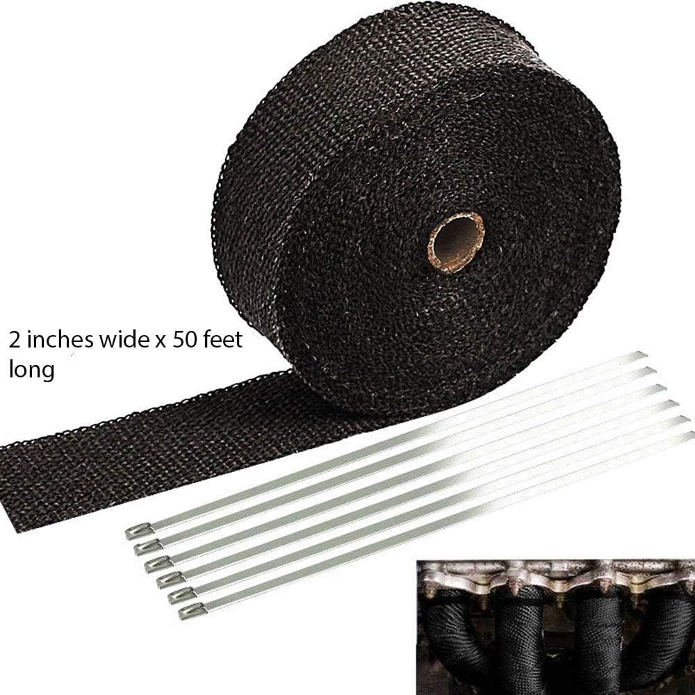 SUNPLUSTRADE 2 inch x 50 feet Black Exhaust Heat Slap Roll Autby Fiber Glass Heat Shield Tape Stainless Thai