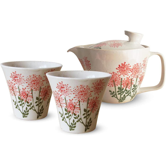 J-kitchens Isaozan Kiln Teapot Tea Cup Pair Set Hasami Ware Made in Japan 240ml 130ml For 1 ~ 2 People Comes with Tea Strainer Wildflower Red