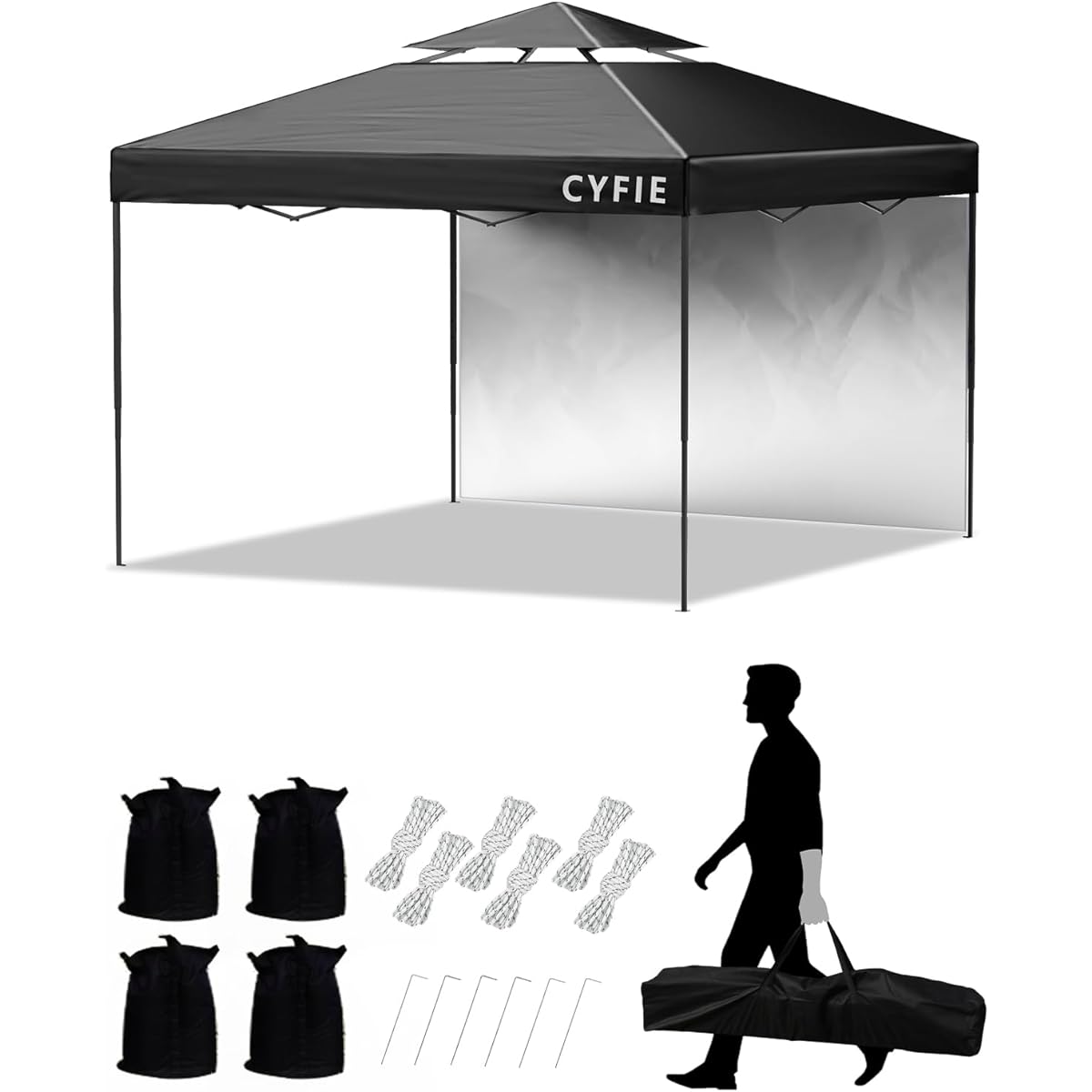 CYFIE Tarp Tent 3mx3m with 1 Side Sheet, Air Venting Tarp Tent, UV Protection, One-Touch, Water Resistant, Steel, Camping, One-Touch Tent, Light Blocking, For Outdoor Use, Heat Shielding, Easy to Assemble, Event Tent, Sports Day, Commercial Use, Festival