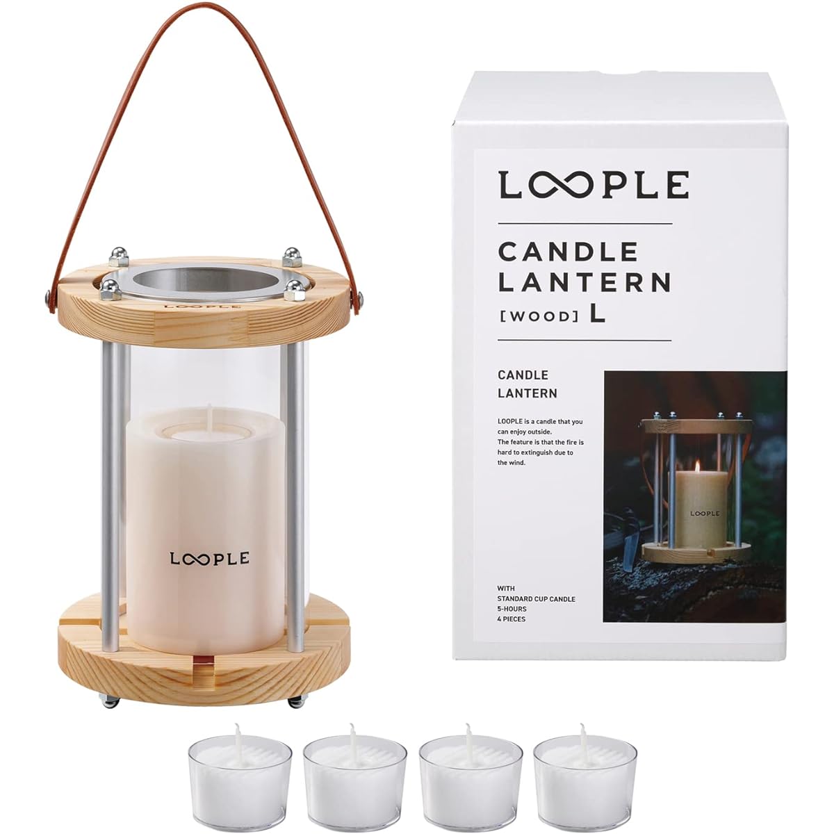 [LOOPLE] Loople Candle Lantern "Wood" L (Ivory) Standard Comes with 4 cup candles Burning time: Approximately 5 hours Unscented