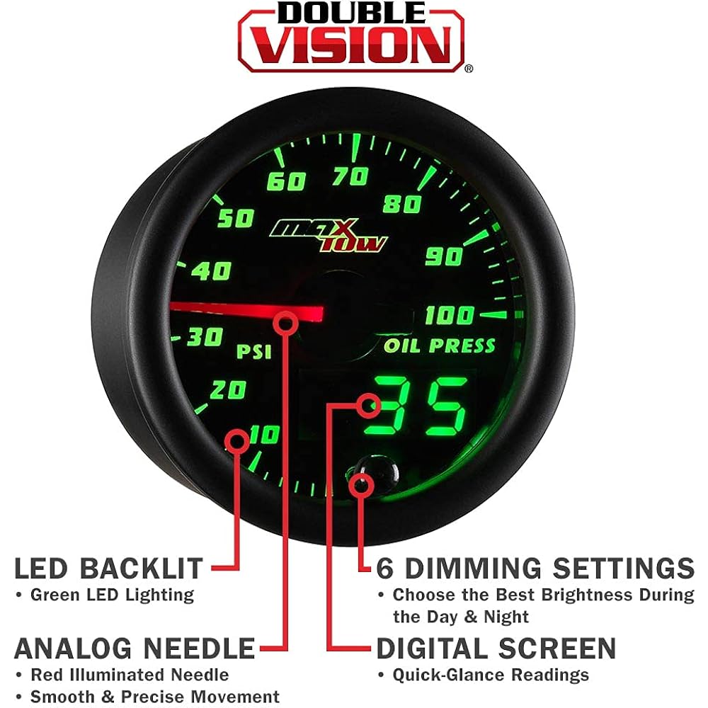 MAXTOW Double Vision 100 PSI Oil Pressure Gauge Kit -With Electronic Sensor -With Black Gauge Face -Green LED Lumine Dial -Analog & Digital Read -For Trucks -2-1/16 inches 52mm