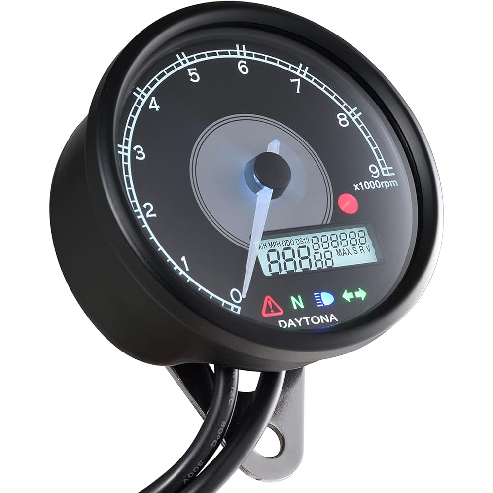 Daytona 21979 Electric Tachometer with LCD Speedometer, Black Body/White LED, ?80, 9000 RPM Display, 21979