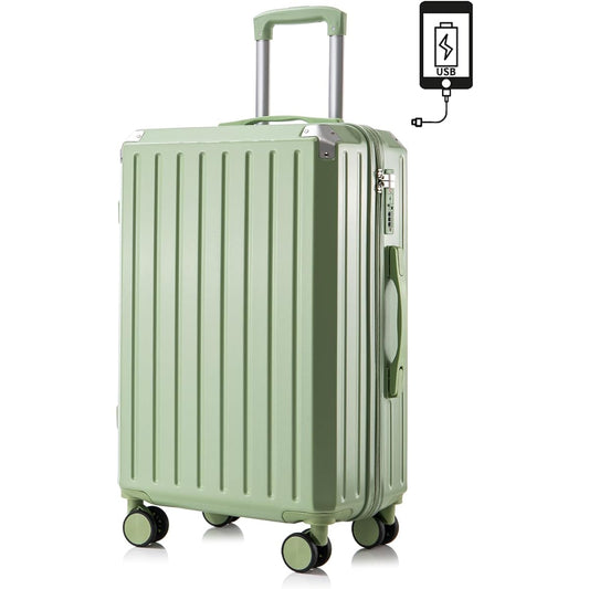 [Manatsulife] Suitcase Shockproof Travel Business Carry Case Ultra Light Study Abroad Quiet With Lock USB Port 360 Degree Rotation Durable Long Stay Business Double-sided Opening Hard Case XB805 (S (approx. 33L, carry-on), Green)