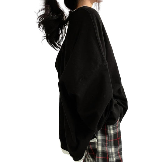 [ririka] Layered style tops pullover sweatshirt cut and sew lining brushed long sleeve fashionable loose casual women's