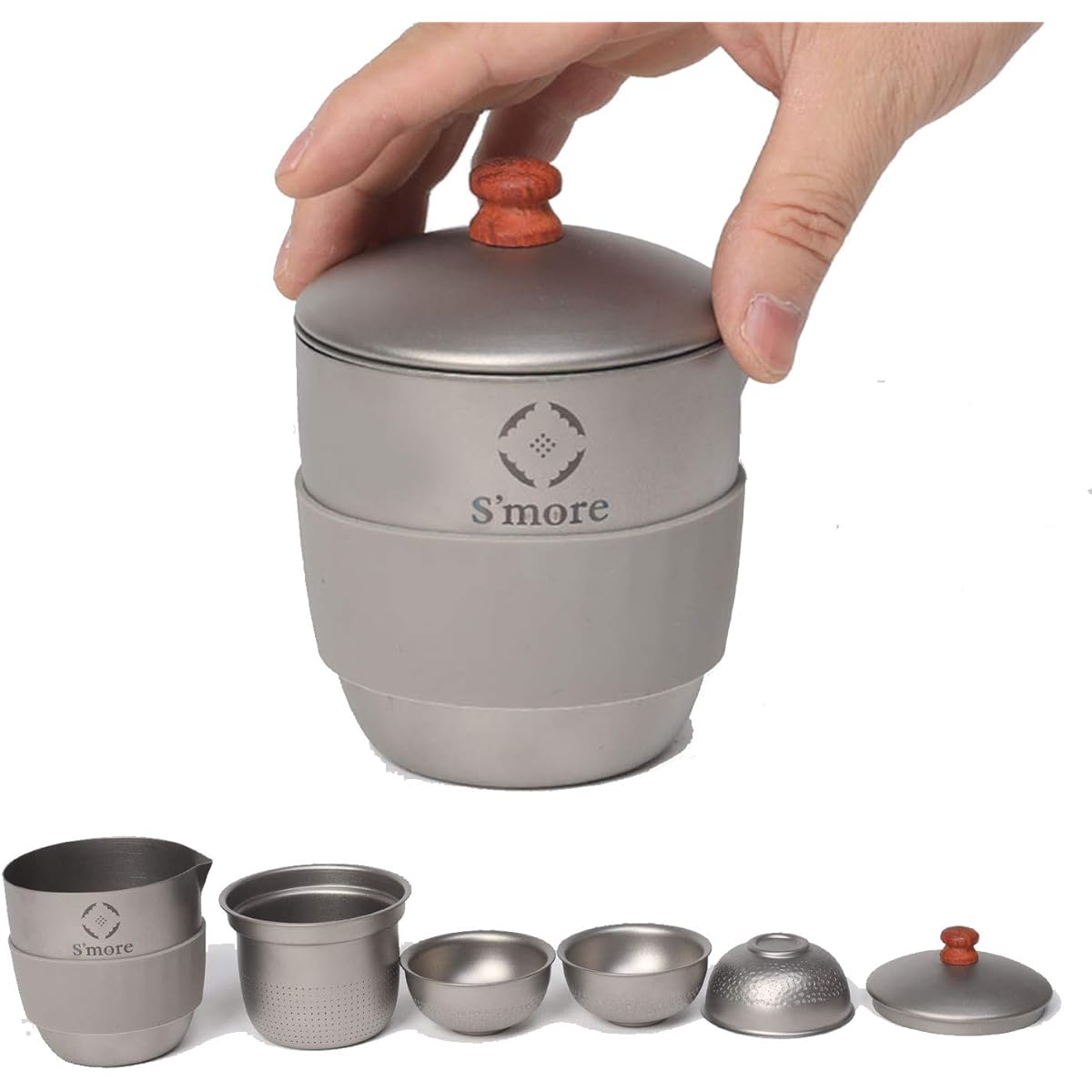S'more Titanium Tea Coze Titanium Outdoor 5-piece Set Compact Camping Cutlery Picnic Barbecue Portable Tableware Storage Case Included [Total 5-piece Set Includes Teapot, Strainer, and 3 Cups]