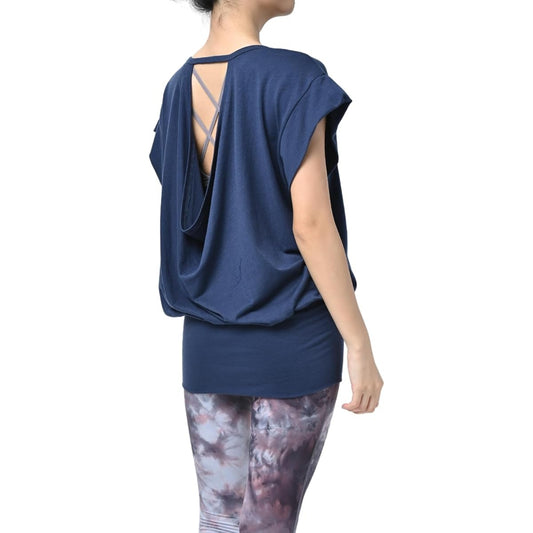 [machikaada] Yoga Wear Tops Women's T-Shirt Short Sleeve French Sleeve Long Length Ribbed Hem Back Design Yoga Hot Yoga Pilates Body Cover 632