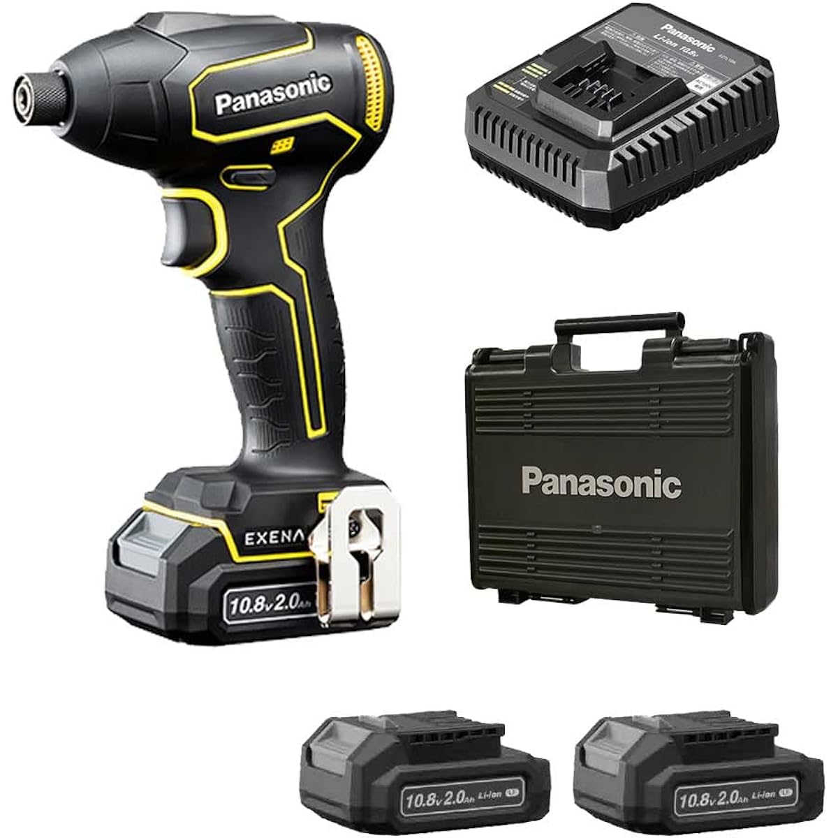 Panasonic Rechargeable Impact Driver 10.8V 2.0Ah Battery Pack x 2 Charger with Plastic Case EXENA L Series EZ1P31F10D-Y Yellow