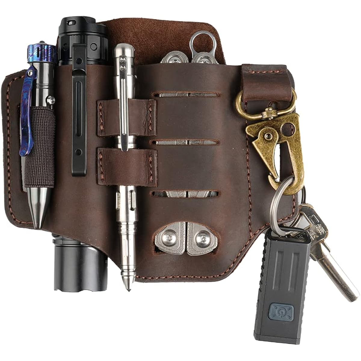 VIPERADE Leather Sheath for PJ16 Belt, Tool Leather Sheath for Knife, Knife Leather Sheath for Men, Multi Tool Sheath for Leatherman, Flashlight Holster EDC Pocket Organizer with Keychain