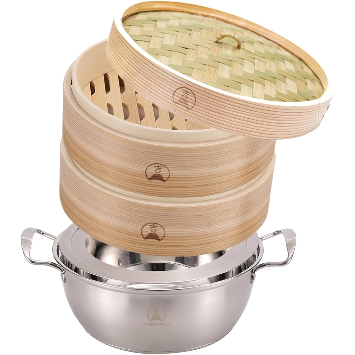 Yoshifuji Crafts 21cm Cedar Steamer with IH Compatible Steamer Steamer with 20 Sheets for Chinese Steamer Commercial Use Stainless Steel Steamer with 2 Layers on the Bottom (21cm Steamer (IH Compatible))