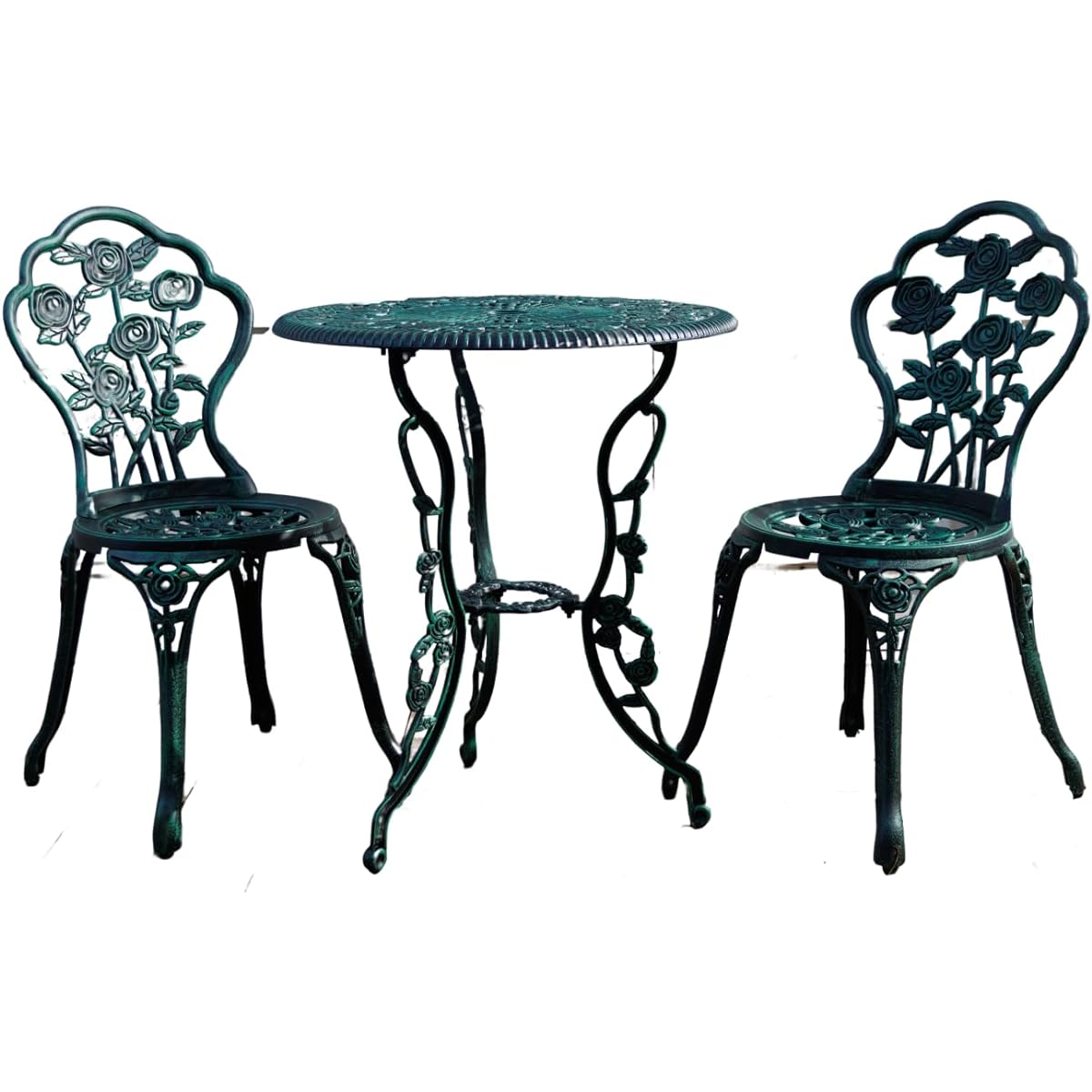 Living Out Rose Aluminum Garden Table & Chair 3 Piece Set Green [Table] Width 60 x Depth 60 x Height 70cm [Chair] Width 52 x Depth 63 x Height 71cm English Garden Cafe Style Stylish