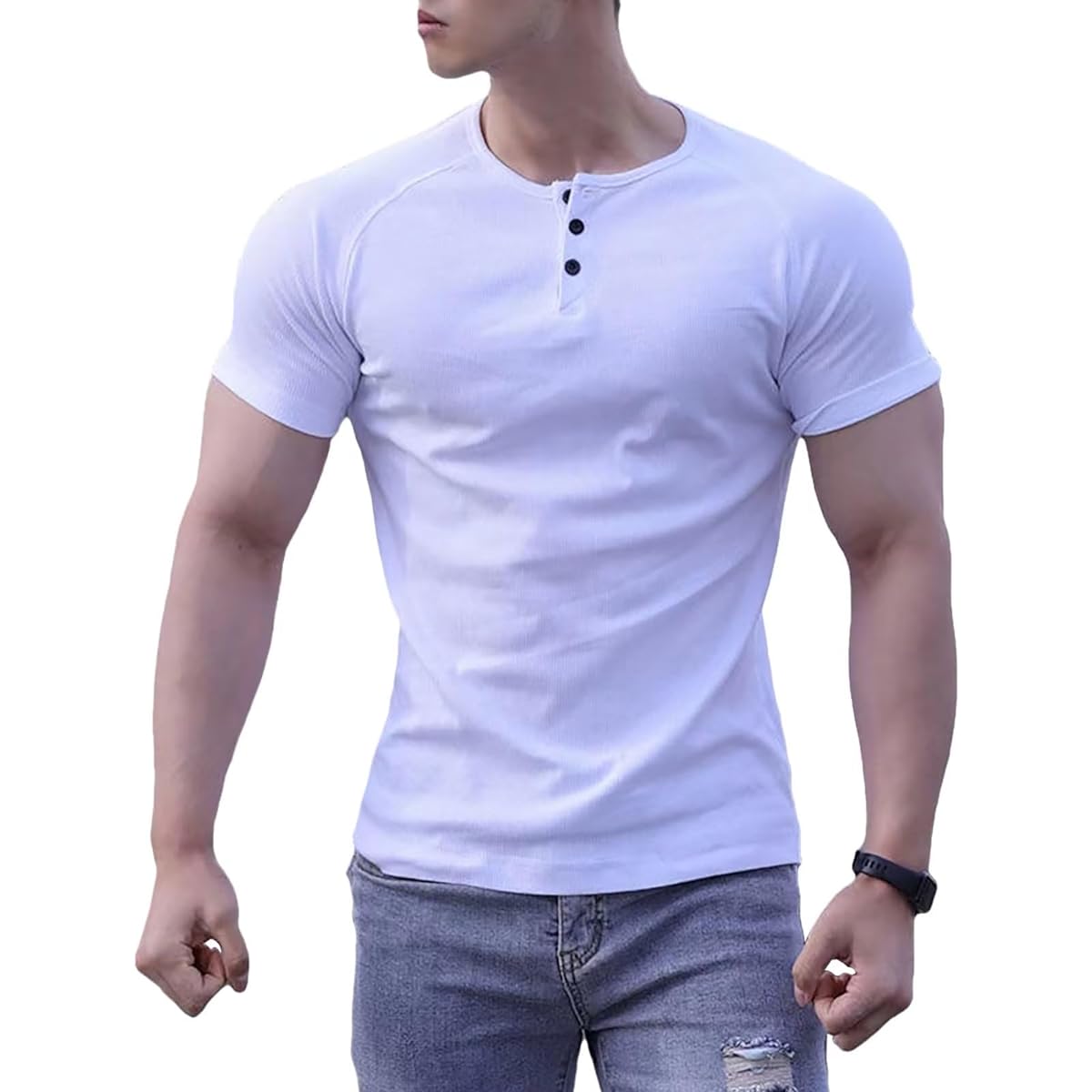 [KULIXI] Henley Neck Short Sleeve Men's T-Shirt Fitness Stylish Inner Shirt Stretch Casual Muscle Training Gym T-Shirt Plain Cut and Sewn Large Size DX5345