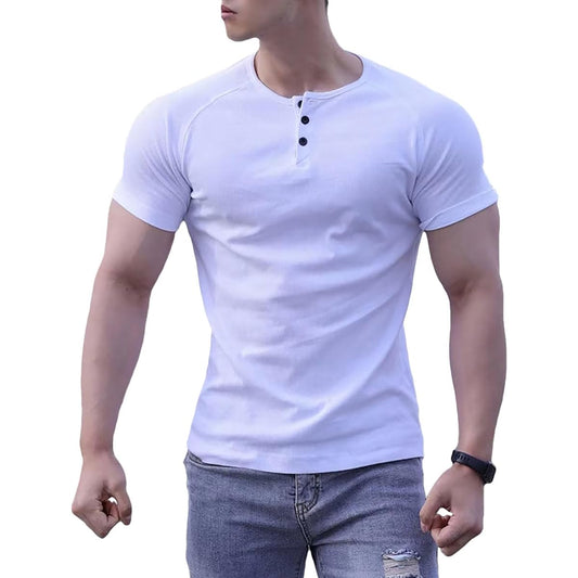 [KULIXI] Henley Neck Short Sleeve Men's T-Shirt Fitness Stylish Inner Shirt Stretch Casual Muscle Training Gym T-Shirt Plain Cut and Sewn Large Size DX5345