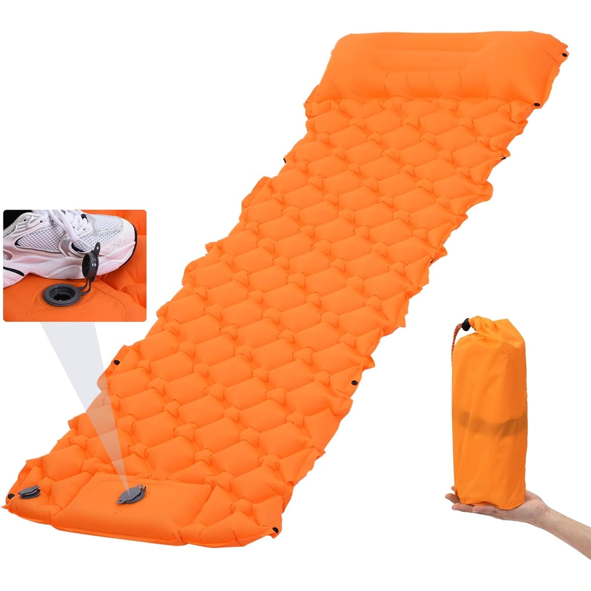 PATIKIL Sleeping Pad with Pillow Waterproof 195cm x 60cm for Camping Backpack Hiking Travel Orange