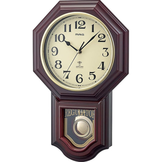 MAG Wall Clock, Radio Controlled Clock, Pendulum, Analog, Rokumeikan DX Time Report, with Night Second Hand Stop Function, Brown W-640BR