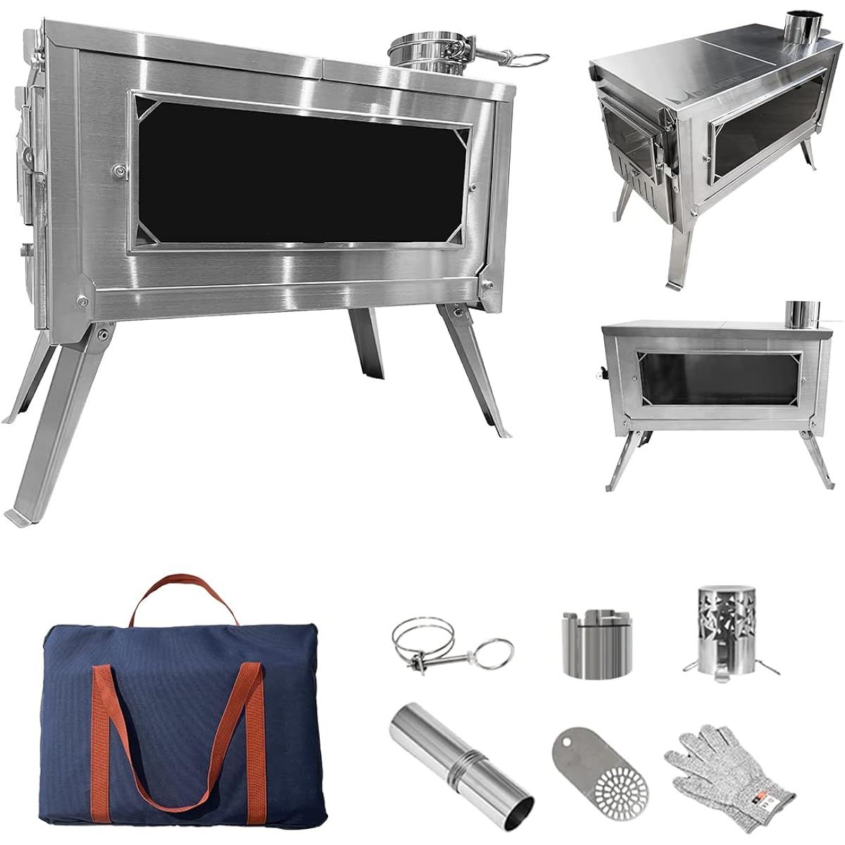 BRÜCKE Foldable Wood Stove for Solo Camping, Easy to Assemble, Compact, Ultra Light, Comes with 2M Chimney, Storage Bag Included, Stainless Steel Stove