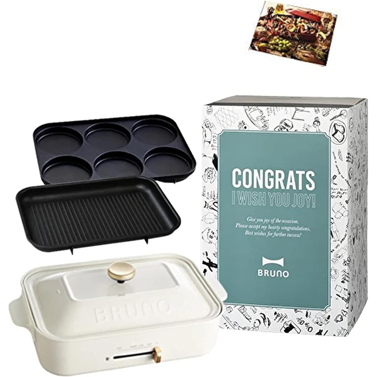 BRUNO Compact hot plate Main unit 4 types of plates (Takoyaki, Flat, Grill, Multi) Celebration sleeve Recipe book included White Stylish Cute This one unit Lid with lid Temperature control Easy to wash For 1, 2, 3 people Small size Small size For small g