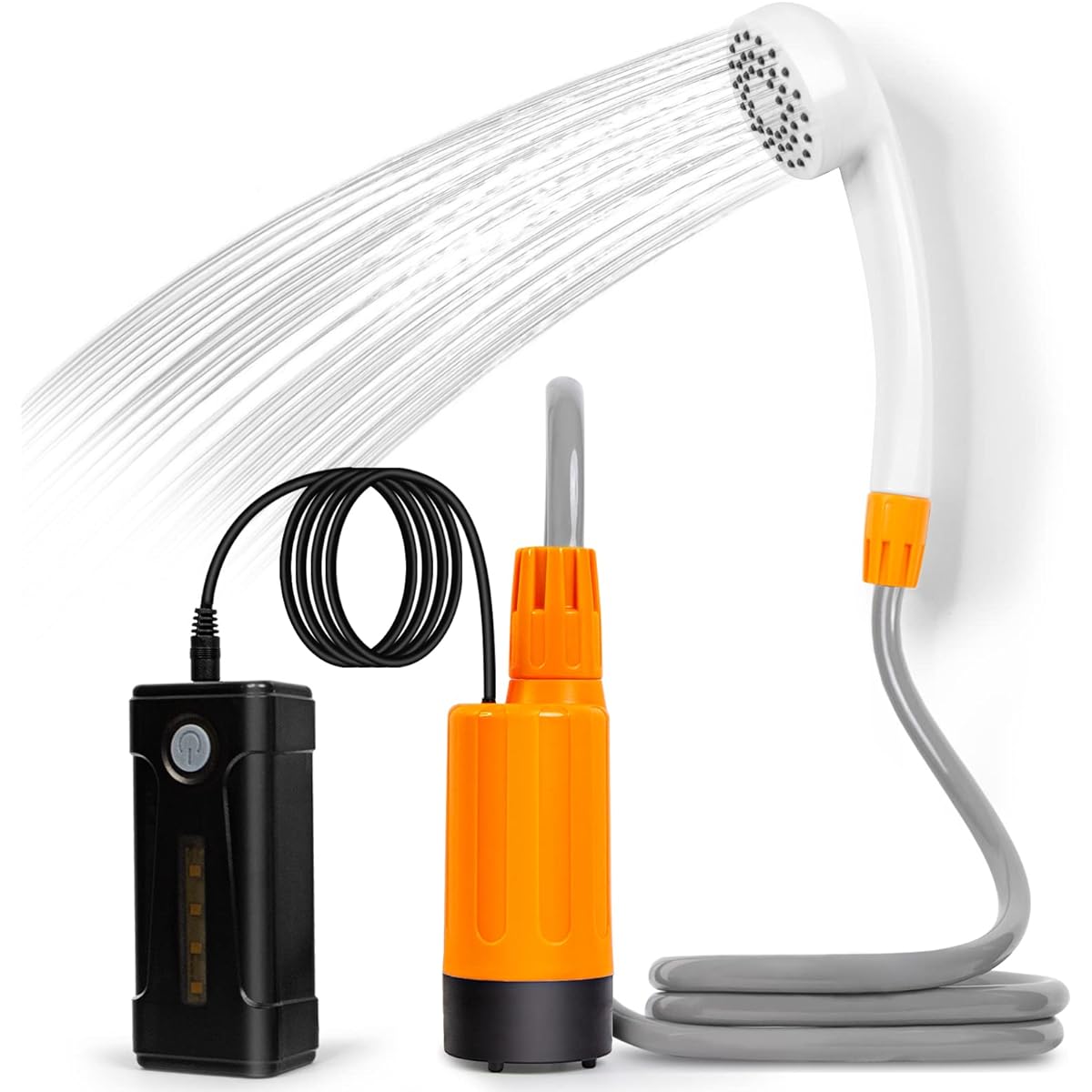 AZXJC Portable Camp Shower, Camp Shower Pump with Removable USB Rechargeable Battery, Portable Outdoor Shower Head - Pumps water from a bucket into a steady, gentle shower stream for camping, travel