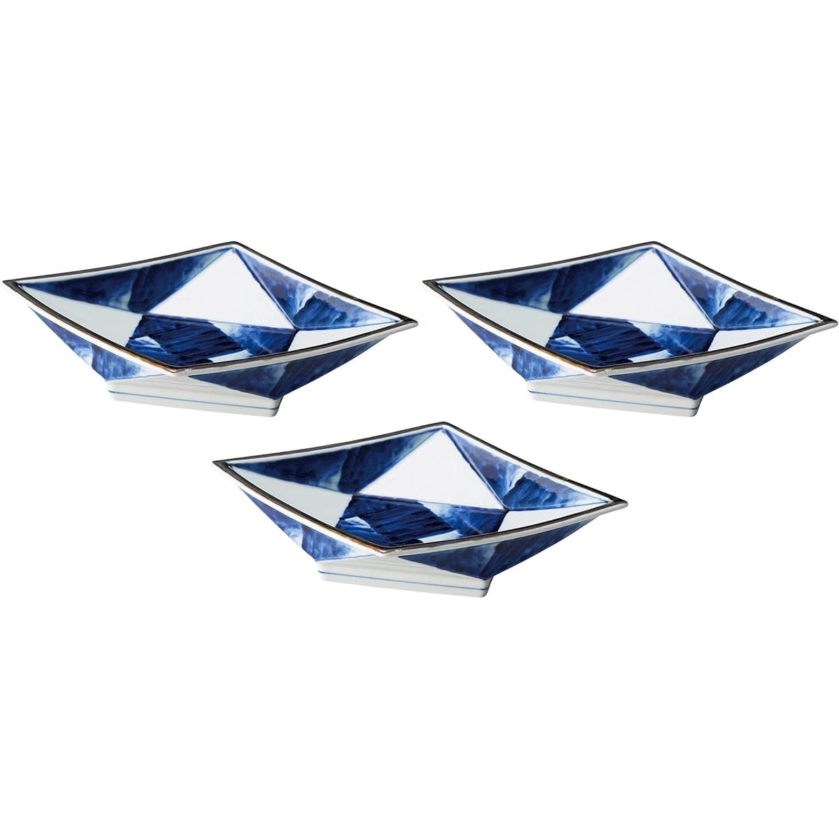 Set of 3 dyed dark rhombus pots [26.3 x 20.3 x 5.2 cm] [Large bowl]