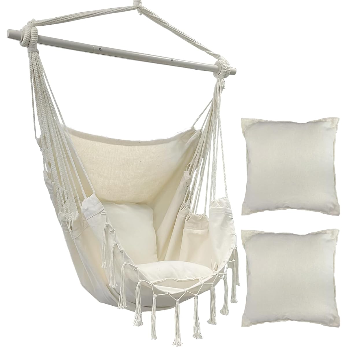 Socpuro Hammock Chair, Hanging Type, Indoor/Outdoor Hanging Chair, Cotton, Camping, Rope Chair, Outdoor Hanging Chair, Foldable Chair, Stylish, Interior, Chair Hammock, Courtyard/Porch/Garden/Bedroom/Backyard Chair, White (Hammock Chair)
