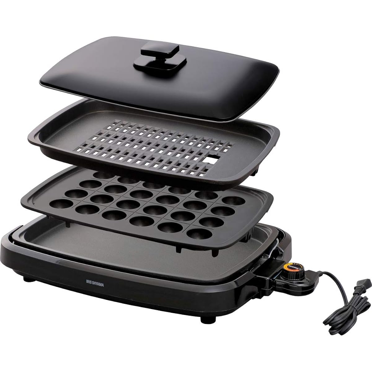 Iris Ohyama Hot Plate, Smoke-resistant, Large Yakiniku Plate, Flat Plate, Takoyaki Plate, 3 Pieces, Smoke Reduction, with Lid, Black APA-137-B