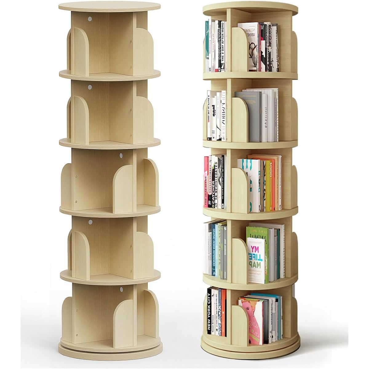 HQ HQ-GAMING Bookshelf Rotating Bookshelf Large Capacity Solid Natural Wood 5 Tiers Diameter 45cm x Height 159cm Picture Bookshelf Can Place Items on Top Board Height Holds A4 Size Manga Small Bookshelf Rotating Rack Bookshelf Easy to Assemble CD Rack DV