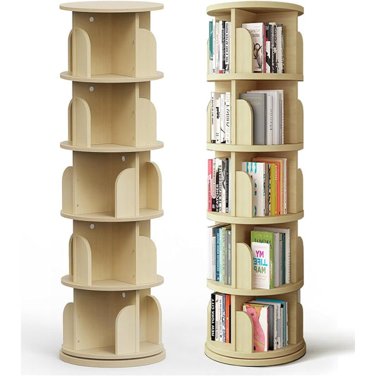 HQ HQ-GAMING Bookshelf Rotating Bookshelf Large Capacity Solid Natural Wood 5 Tiers Diameter 45cm x Height 159cm Picture Bookshelf Can Place Items on Top Board Height Holds A4 Size Manga Small Bookshelf Rotating Rack Bookshelf Easy to Assemble CD Rack DV