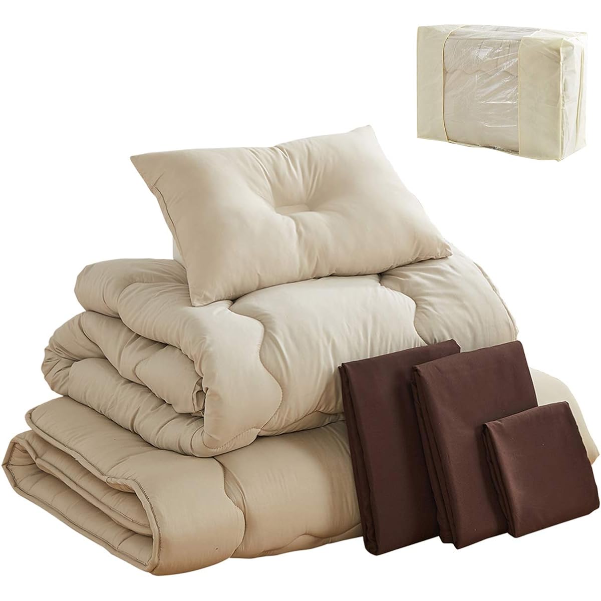 VK Living Duvet Set, 7 Piece Duvet Set, Single, 1.6kg Filling, Antibacterial and Odor Resistant, Washable, Dust Resistant, Fine Peach Skin Processing, Smooth Texture, Allergy Prevention, Comforter, Mattress, Pillow, Duvet Cover, Storage Case Included, Ca