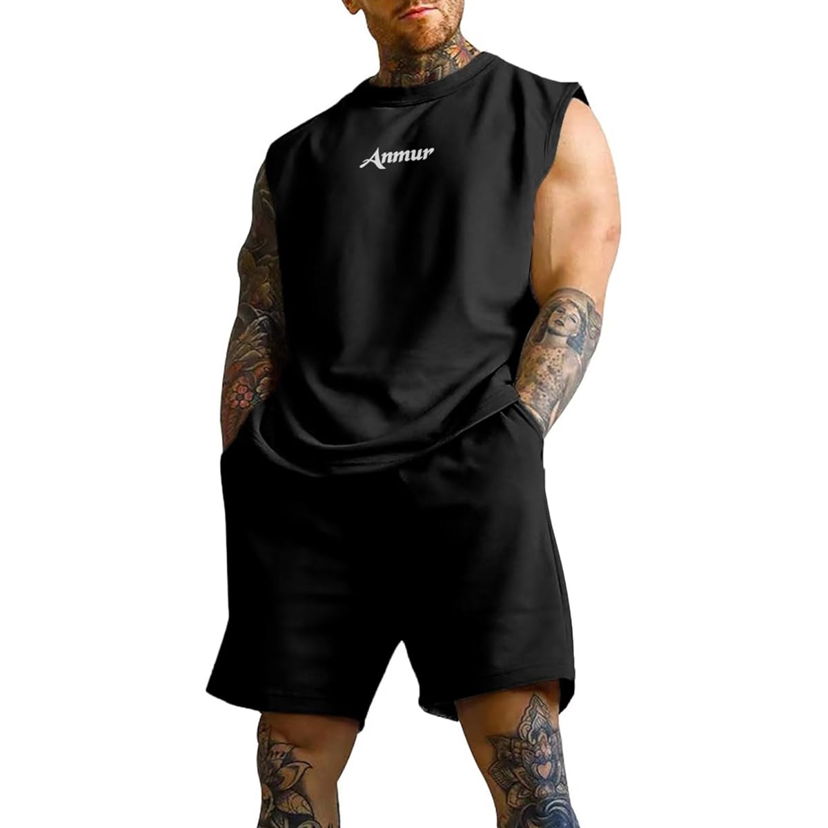 [Anmur] Jersey Top and Bottom Set Men's Summer Clothes Tank Top + Shorts Running Training Comfortable with Pockets Waist Plain Adjustable Breathable Casual Training Top and Bottom Sweatshirts