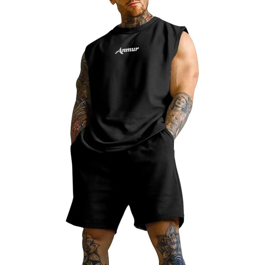 [Anmur] Jersey Top and Bottom Set Men's Summer Clothes Tank Top + Shorts Running Training Comfortable with Pockets Waist Plain Adjustable Breathable Casual Training Top and Bottom Sweatshirts