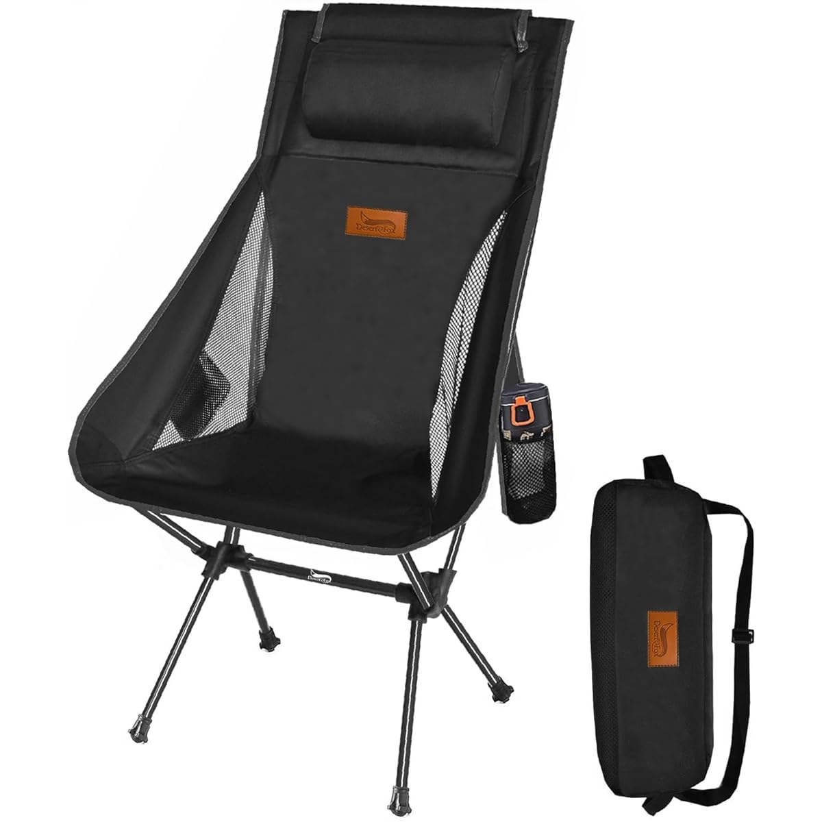 Outdoor Chair, Foldable, with Pillow, Ultra Lightweight [Uniquely Developed Cup Holder] [High Back] [Load Capacity 150kg] Compact Chair, Storage Bag Included, Convenient for Fishing, Climbing, Portable, Camping Chair -BD (Black, Single Item)